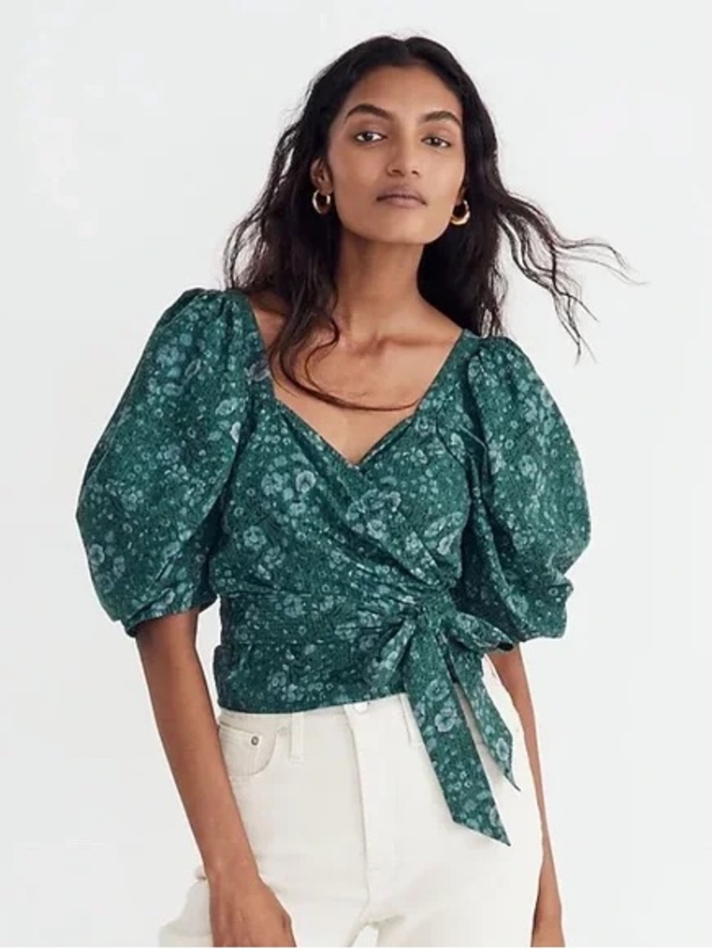Madewell Emerald Floral Wrap Puff-Sleeve Top